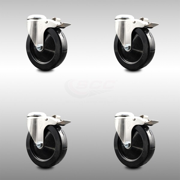 5 Inch 316SS Hard Rubber Wheel Swivel Bolt Hole Caster Set with Lock Brake SCC
